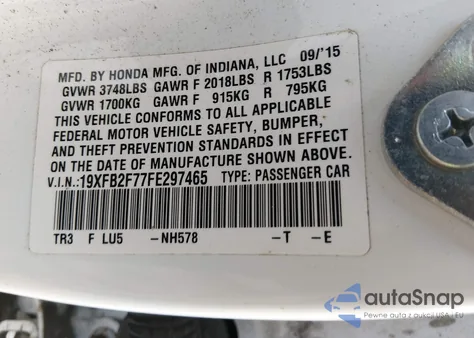 2015 Honda Civic Se z USA, uszkodzony, nr VIN 19XFB2F77FE297465